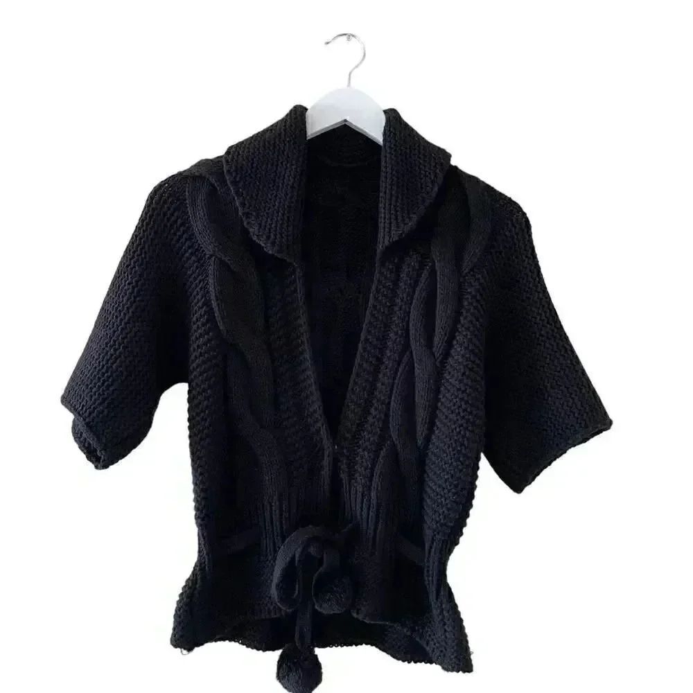 Black Knit Open Front Tie Snap Button Closure ¾ Sleeves Sweater Women’s Cardigan